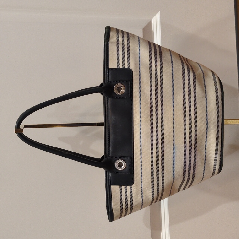 Burberry Canvas Striped Black Leather Trim Tote Purse Bag With COA Callouts - Picture 6 of 17